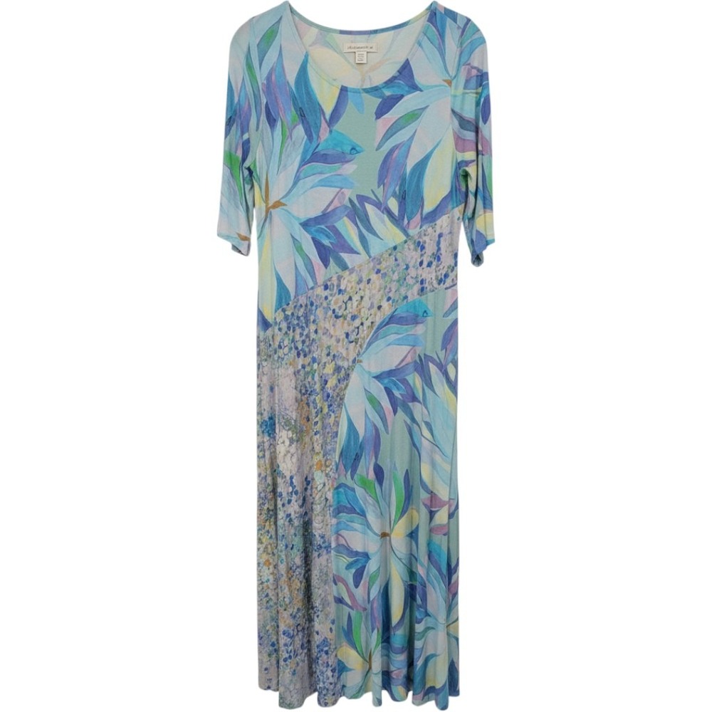 Soft Surroundings Maxi Dress Womens Large Blue Floral Abstract Mixed Print Knit